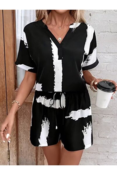 Kokosh moda Kadın Kısa Kollu Desenli Bluz Şort Süprem İkili Takım