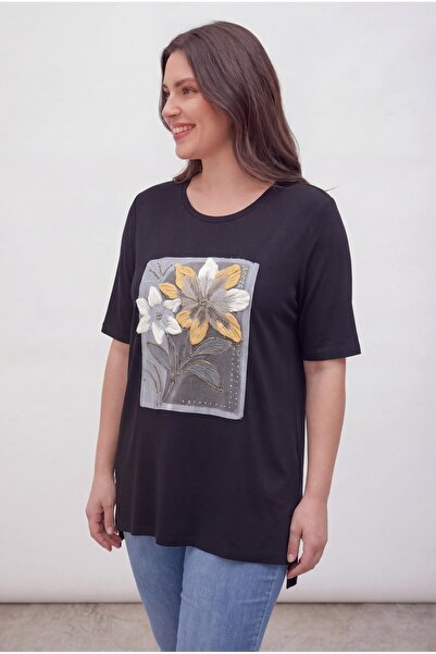 RMG Tricou cu imprimeu în relief, mărime mare, negru