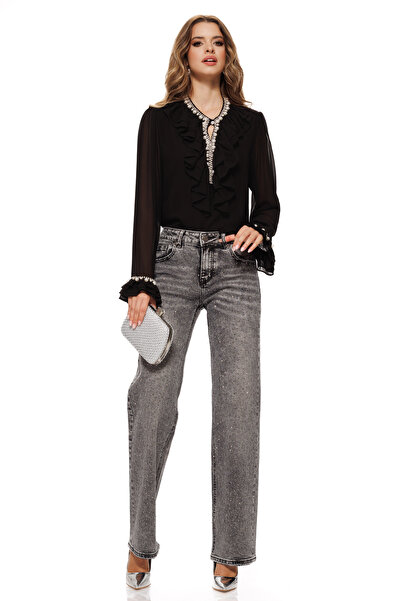 Fofy Blugi dama gri cu strasuri croi drept material premium prespalat