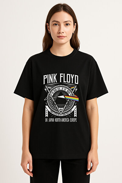 AYDESİGN تي شيرت أسود مطبوع عليه Pink Floyd برقبة دائرية