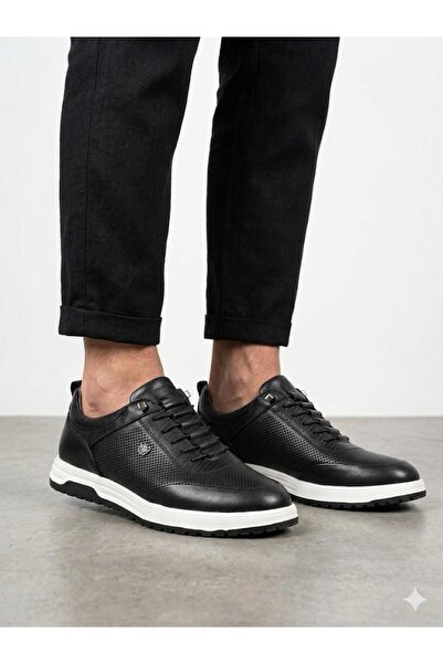 Lütfi Men's Black Genuine Leather Lightweight Orthopedic Sole Casual Shoes