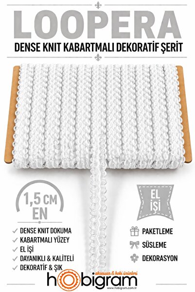 Hobigram Beyaz Loopera Dense Knit Kabartmalı Dekoratif Şerit – Premium El İşi...