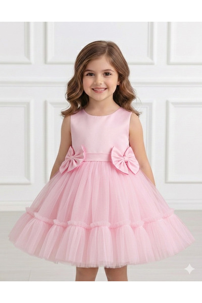 PRİNCESS Kız Çoçuk Fiyonk Detaylı Pembe Elbise, Kız Çoçuk Abiye Elbise, Kız Ç...