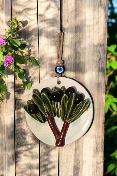 Revard Home Nazar Boncuklu Doğal Zeytin Ağaçlı Beyaz Seramik El Yapımı Dekoratif Duvar Süsü Eşyası 14X14 CM