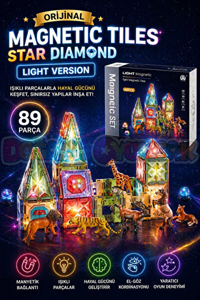 Doğan Oyuncak Dünyası Orijinal Magnetic Tiles Star Diamond Light Version 89 P...