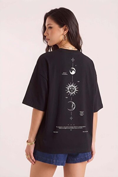 VACHT Women's Oversize Casual T-Shirt Crew Neck the Moon Black