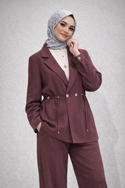 Nihle Toz Pembe Blazer Ceket Pantolon Kadın Takım Elbise Kuşak Detaylı Premiu...