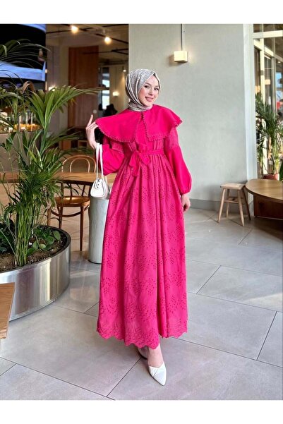 Moda Asrın PELERİN YAKA ASTARLI KEMERLİ %100 PAMUK FİSTO ELBİSE FUŞYA