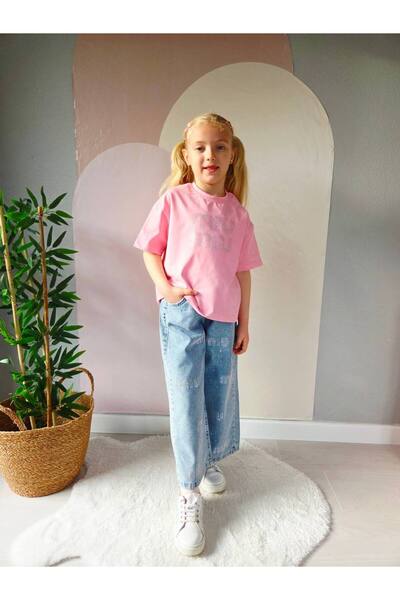 Butik Girl's Crystal Stone Detailed Stonewashed Jean and 100% Cotton T-Shirt ...
