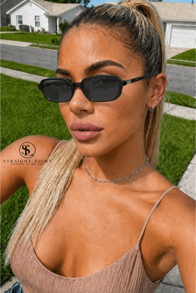 Straight Light Women's Black Rectangular Sunglasses Uv400 Protection Stylish Modern Thin Frame Trend Design
