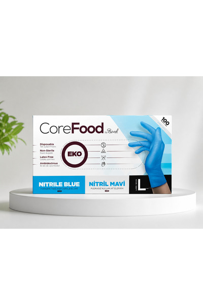 COREFOOD Muayene Eldiveni Nitril Mavi Renk ( L ) Beden 100 Adet (Pudrasız, La...