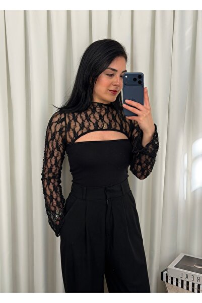 Qu Style Siyah Dantelli Uzun Kollu Bluz
