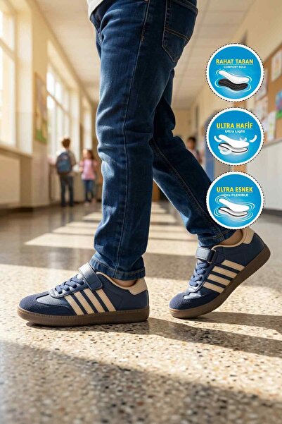 WALKWAY Navy Blue Beige Velcro Lightweight Flexible Boys' Sports Shoes 753 F