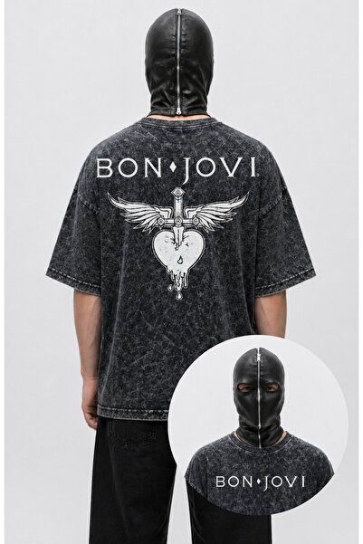 Fuddy Moda Unisex Oversize Bon Jovi Logo Back Printed Rock Band Themed Washed...