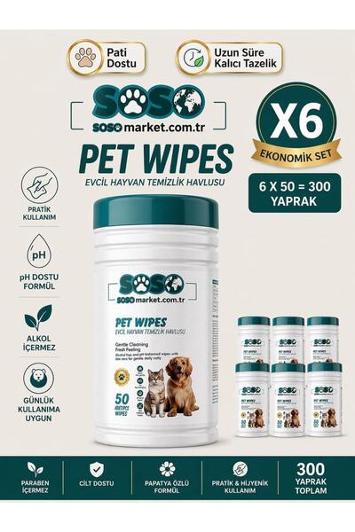 SOSO Market Kedi ve Köpek Temizleme Mendili 6*50 Adet - Alkol ve Paraben İçermez Pati ve Vücut Temizleme Havlusu