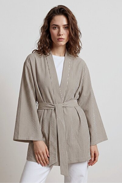 Saade Kahve Kadın Dikey Çizgili Geniş Kollu Şık Yazlık Relaxed Kimono