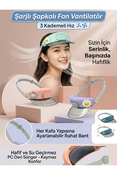 moryconcept Şarjlı Şapkalı Fan Vantilatör 3 Kademeli Ayarlanabilir Güneş Vizö...