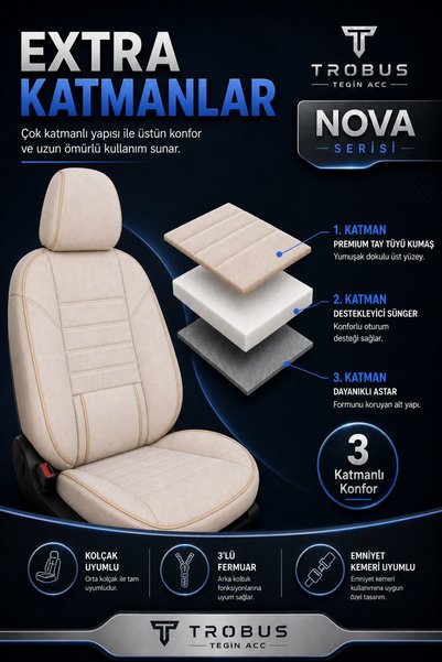 TROBUS Honda Civic FD6 2006-2011 Uyumlu Nova Serisi Tay Tüyü Bel Destekli Bej Premium Koltuk Kılıfı