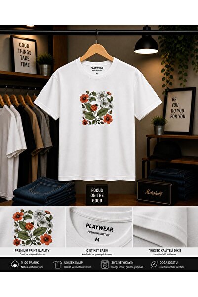 playwear Flower Leaf Chest Printed 100% Cotton Oversize Loose Regular Fit Cre...
