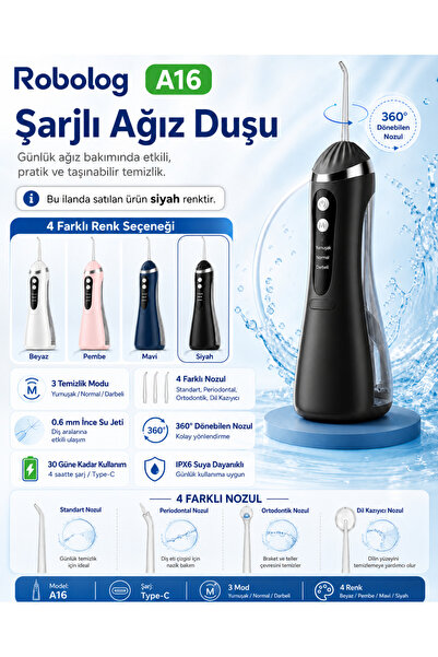 ROBOLOG Ağız Duşu Premium Şarj Edilebilir 4 Başlıklı Taşınabilir Diş Protez A...