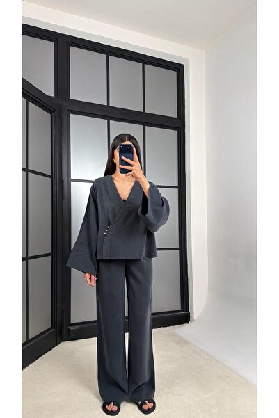 GAUS CO Smoked Button Detailed Kimono Pants Md Equivalent Tencel Set Gaus-01451