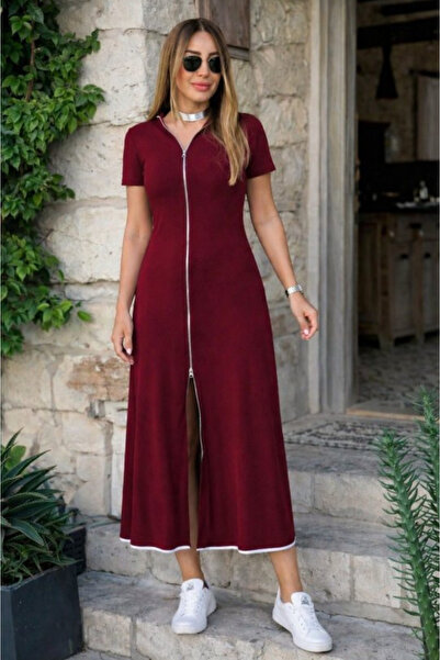 Kokosh moda Women's Short Sleeve Front Zipper Flared Midi Length Viscose Dress