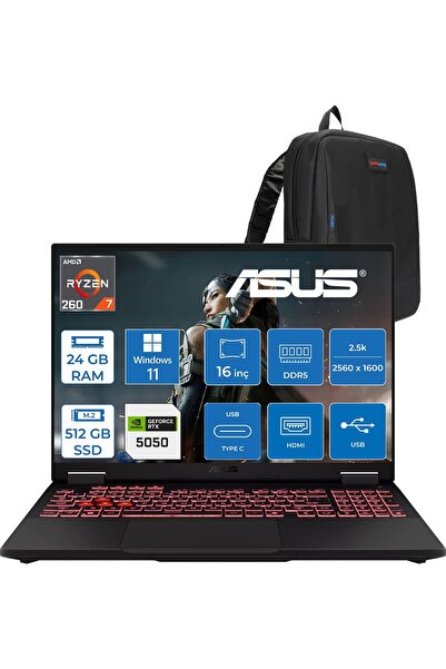 ASUS Tuf Gaming A16 FA608UH Ryzen 7 260 Aı 24GB Ddr5 512GB SSD 16-Inch 8GB/RT...