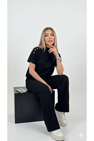 SHINE STYLE طقم قماش مودال بأزرار على الكتف من إيزالانا باللون الأسود