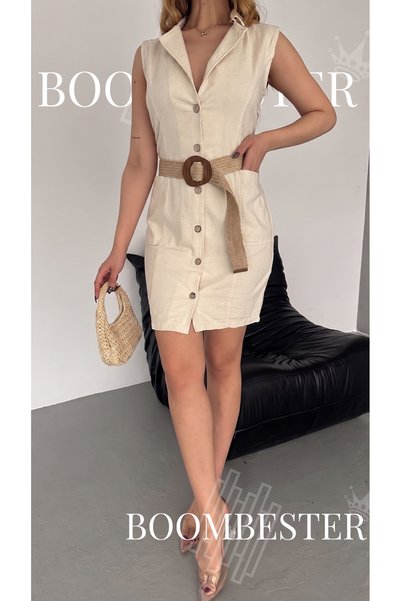 BoomBester Women's Linen Sleeveless Buttoned Mini Dress – Summer with Straw Belt and Pockets