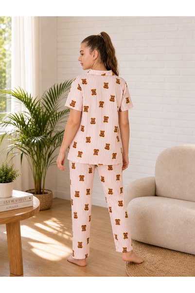 HM CEVHER Girl's Pajama Set Summer Fabric Buttoned Front Teddy Bear Patterned Large Size