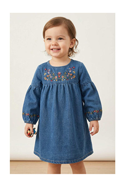 VeeShop Rochie Fetite din Denim cu Broderie Florala Delicata si Maneci Bufant...