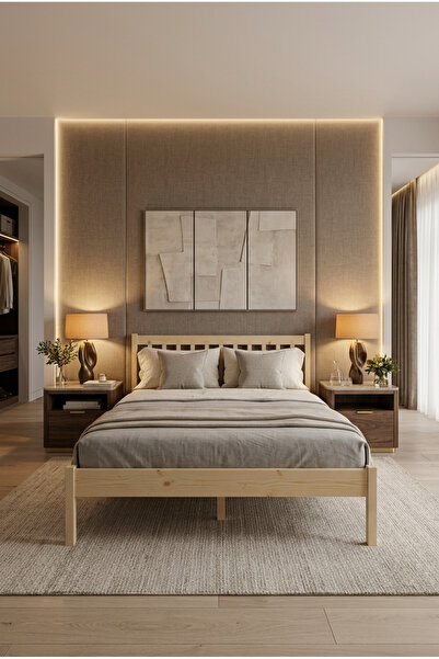 Loolpi Home Tera Masif Karyola Doğal Ahşap Yatak Çift Kişilik