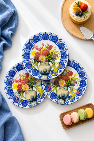 grandora Vase and Colorful Floral Patterned (6 Pieces, 27 cm) Serving and Breakfast Plate Set - Presentation Plates