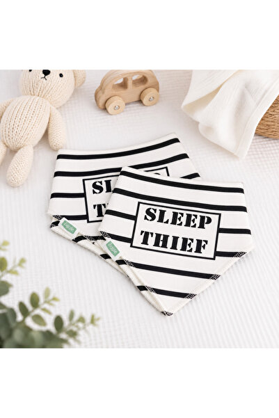 Bebek İkili Siyah Beyaz Çizgili "Sleep Thief" Baskılı Bandana Önlük