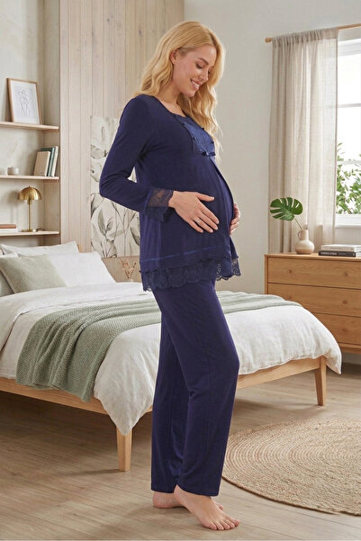Lohusa Homewear طقم بيجامة من القطن بنسبة 100% بتصميم أنيق بأكمام طويلة وتفاص...