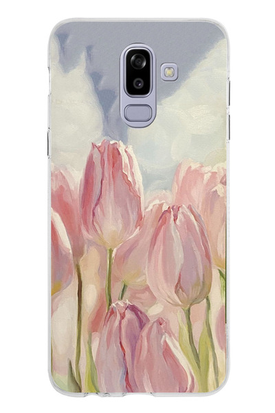 TechTree Samsung Galaxy J8-A6 Plus Uyumlu Pembe Laleler Baskılı Silikon Kılıf