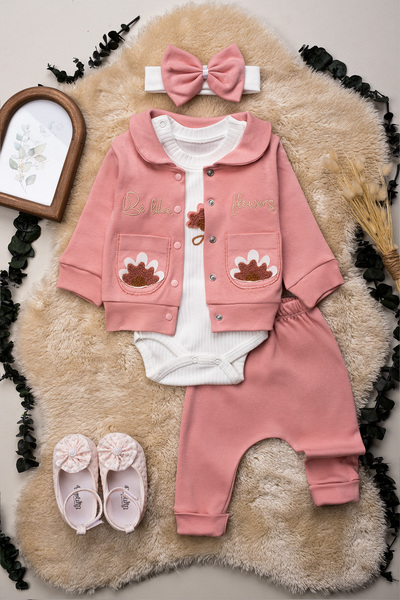 Hopy Kids 1044 Embroidered Baby Girl 3-Piece Set – Pink Powder Lilac Dried Ro...
