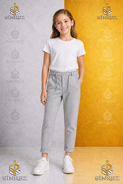 SİNREZ Pantaloni uni pentru fete 2.MDL cu talie elastică din Lycra, stil cu p...