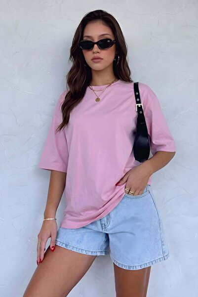 VACHT Kadın Oversize Salaş Tişört Basic Düz Baskısız Açık Pembe