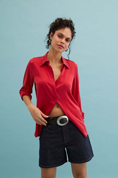 Silk and Cashmere Koyu Fuşya Saf İpek Audrey Uzun Kollu Gömlek
