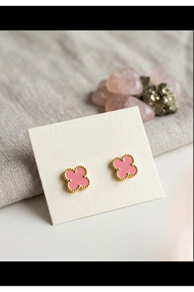 Hiis Store Kararmaz Çelik Van Cleef Model Yonca Küpe- Gold Pembe