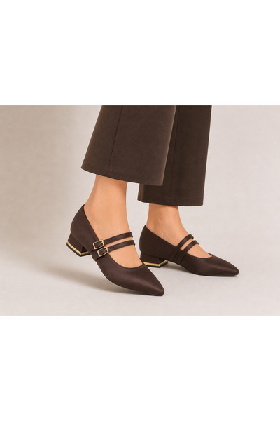 maçanshoes Kahverengi Çift Bantlı Sivri Burun Kısa Topuklu Ayakkabı