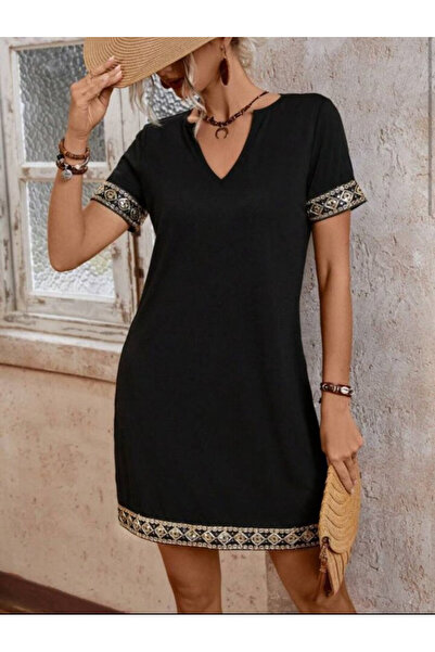 Efnaz style Stripe Detail V-Neck Viscose Dress with Side Pockets
