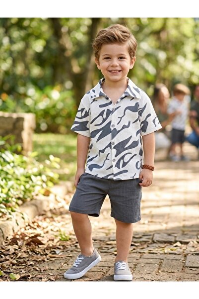 RÜYA KİDS Boy's Summer Wrinkled Fabric Patterned 2-Piece Top and Bottom Set