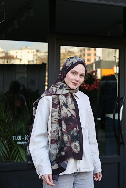 ENRİCO FERRİ Allure Magnolia Patterned Shawl - Burgundy-Stone Color