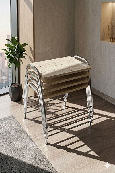 ERYALUX HOME 4'LÜ TEPSİ MODEL GÜMÜŞ-TRAVERTEN MODERN SEHPA