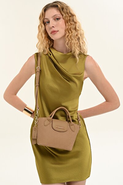 Pierre Cardin Kadın Camel Suni Deri Desenli Ayarlanabilir Askılı Omuz Çantası