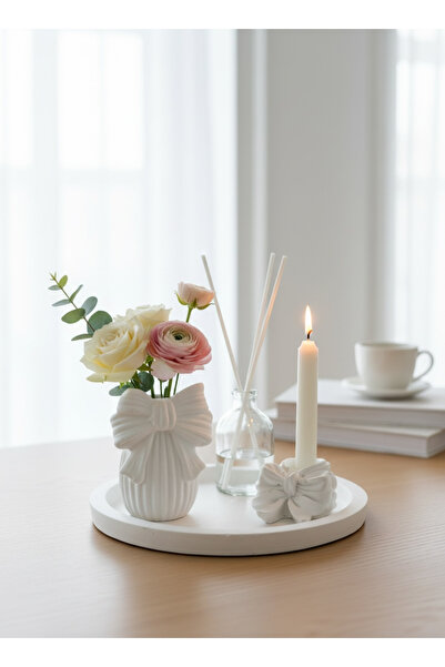 LALEZEN HOME Çizgili kurdeleli vazo & koku & Tepsi & şamdan mumluk Set (çiçek...