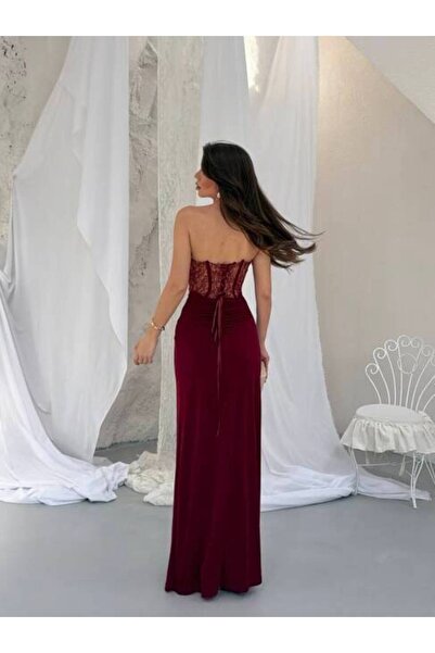 hillone Charline Maxi Korse Elbise Bordo