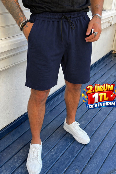 DAMGA JEANS Erkek Beli Lastikli Şık Cepli Bol Basic Lacivert Şort